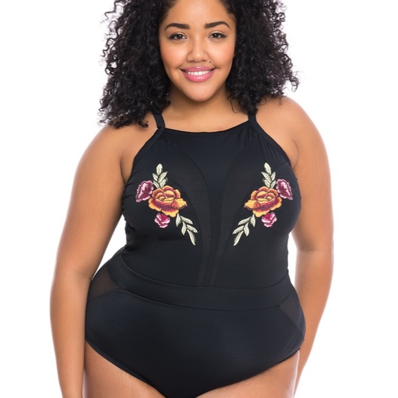 black embroidered swimsuit